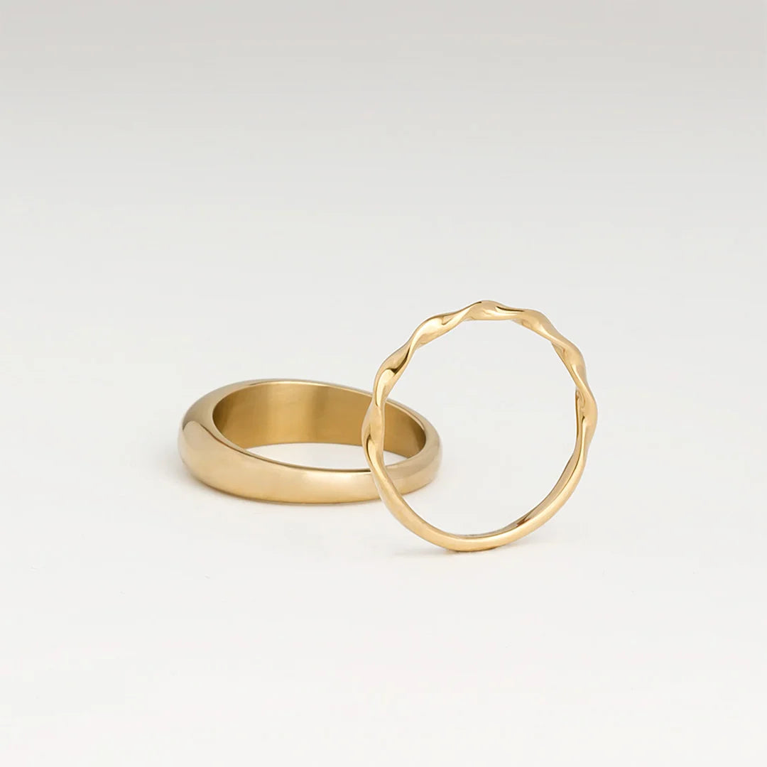 minimalist dome ring and twisted ring gold made in waterproof stainless steel from icône