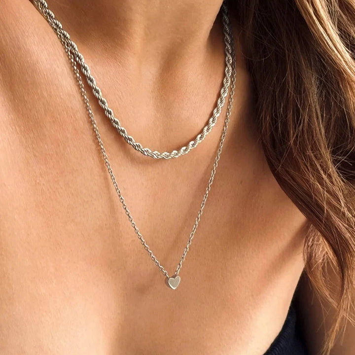 rope necklace and heart necklace silver made in waterproof stainless steel from icône