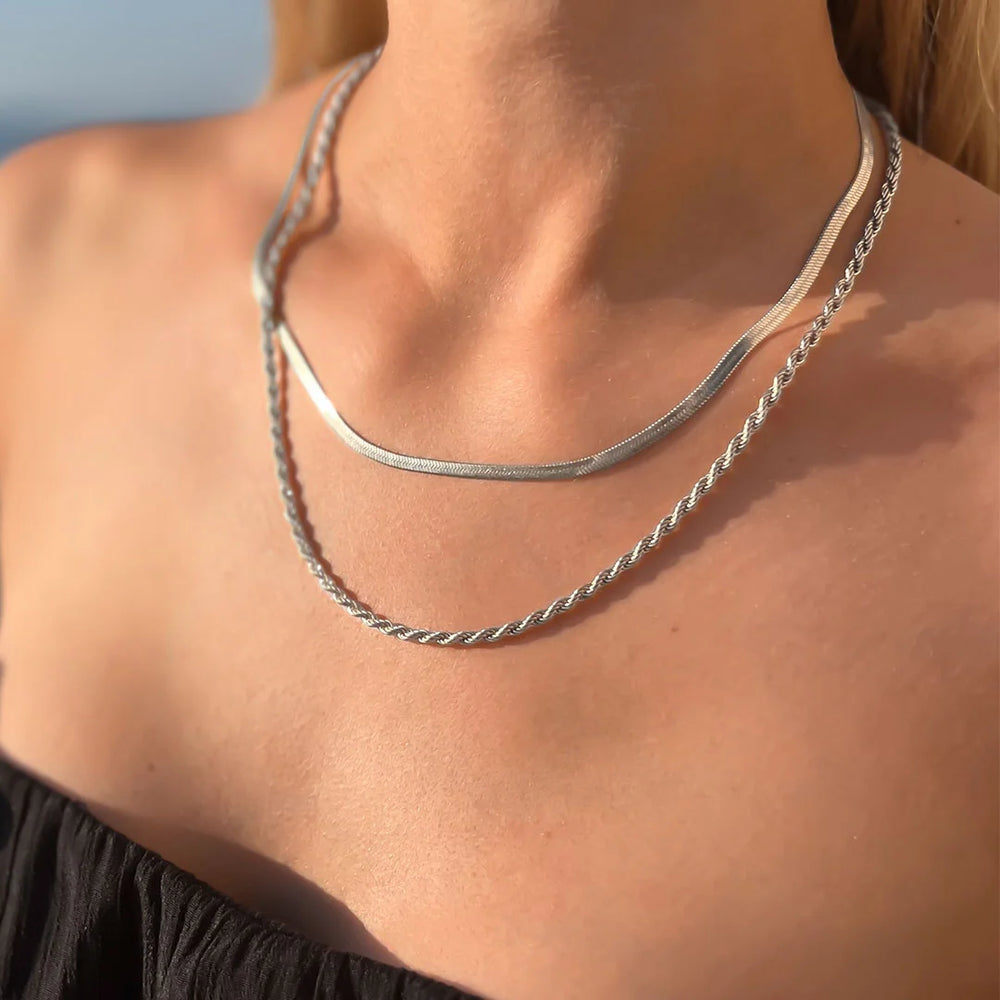 rope necklace and herringbone necklace silver made in waterproof stainless steel from icône