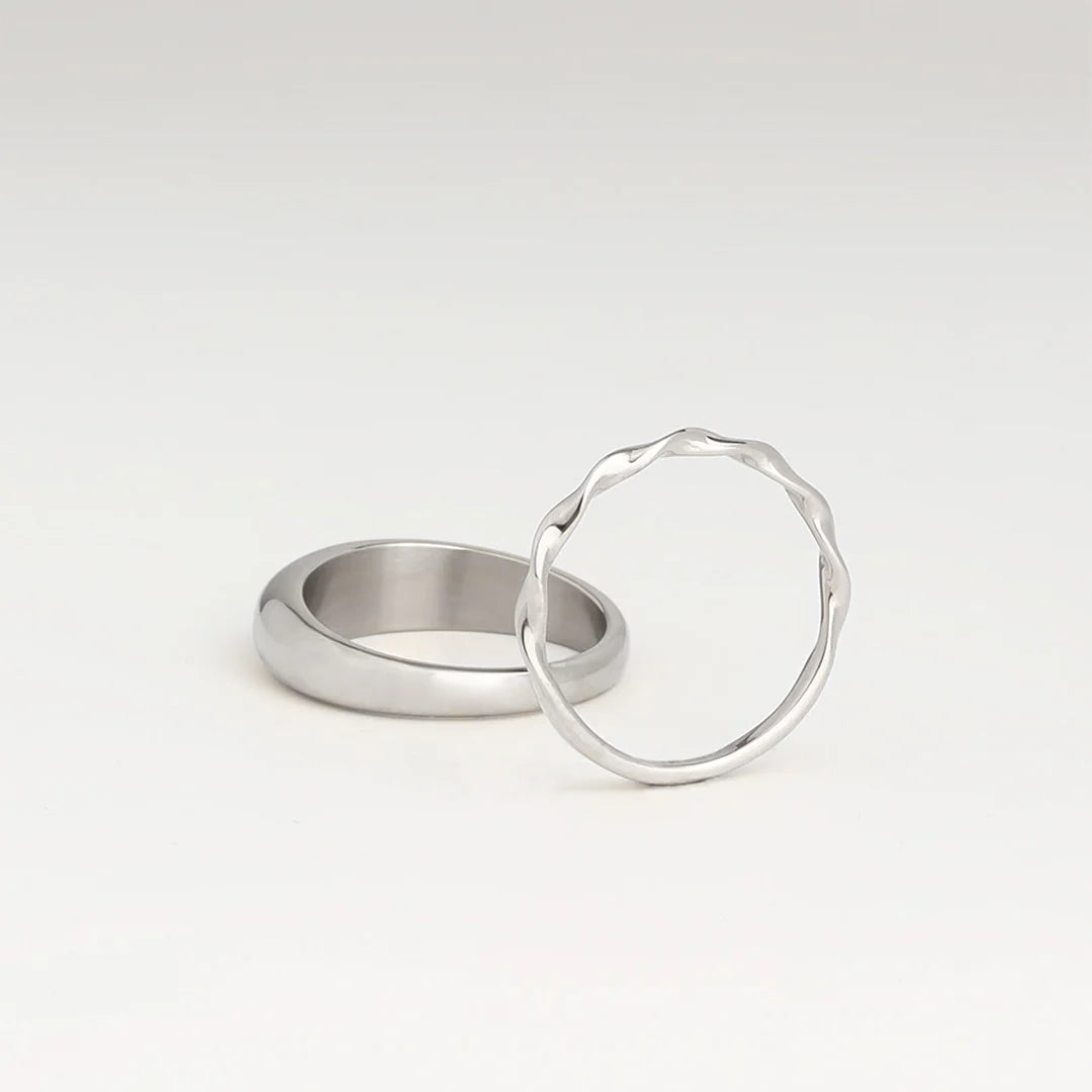 minimalist dome ring and twisted ring silver made in waterproof stainless steel from icône